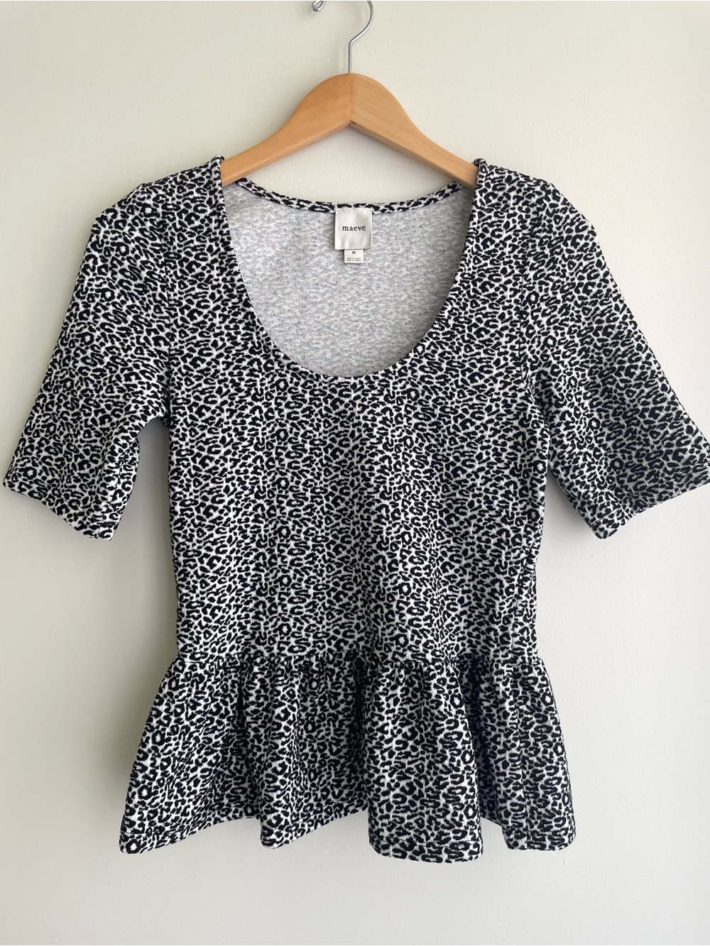 Maeve Black and White Leopard-Print Peplum Top